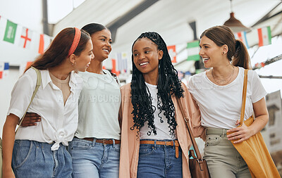 Buy stock photo Group of friends at expo, global community diversity and women in university at world exhibition event. Scholarship for immigration students, international shopping in market and happy college youth