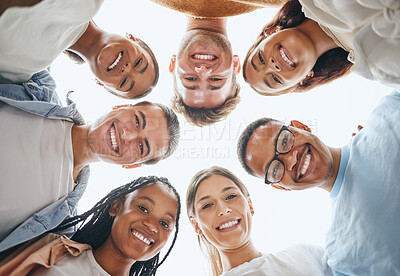 Buy stock photo Diversity, group and portrait of people from the bottom with happiness in collaboration outdoors. Team building, community and happy friends with a smile standing and networking in a circle outside.