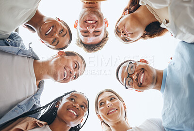 Buy stock photo Teamwork, community and diversity with people from bottom for support, mission and vision mindset. Collaboration, team building and networking with circle of young friends for goals, growth and trust