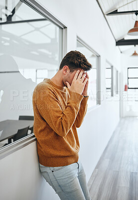 Buy stock photo Headache, stress and student with head in hands at university frustrated with school work load. Mental health, anxiety and depression at exam time, man from Canada suffering from deadline pressure.
