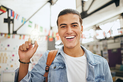 Buy stock photo University student, lightbulb ideas and education innovation, learning solution and brainstorming for campus study. Portrait happy college nerd man problem solving, thinking and planning inspiration