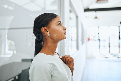 Buy stock photo Depression student, mental health and anxiety thinking about exam, life stress or education crisis. Sad, scared and lonely young woman with fear of project deadline problem and fail on college campus