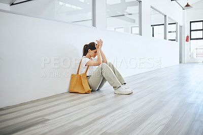 Buy stock photo Depression, sad and anxiety student woman on floor crying for exam results, education fail or university debt mock up. Depressed, burnout or frustrated college girl with mental health problem mockup