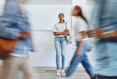 Buy stock photo Student, anxiety and woman in busy college campus with depression, sad and mental health problems. Burnout, stress and tired girl thinking about exam, assignment or project deadline at university