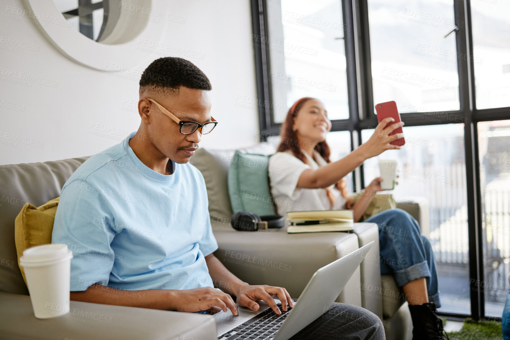 Buy stock photo Research, laptop or startup worker learning strategy for creative web design, analytics or idea. Vision, technology and digital with black man working with social media, website marketing or planning