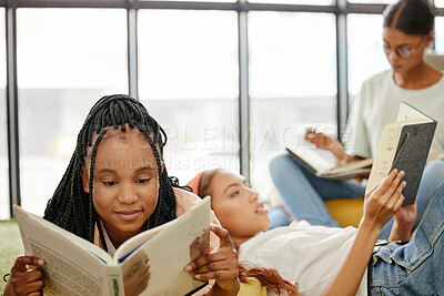 Buy stock photo Students, books and library in college to reading, relax and learning for girl friends. Education, study and scholarship in development of women in research at school, university or classroom in Rome