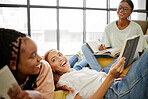 Education, girl and friends in a group to study in preparation for learning university or college exams together. Smile, books and happy high school students studying for tests or project by teamwork