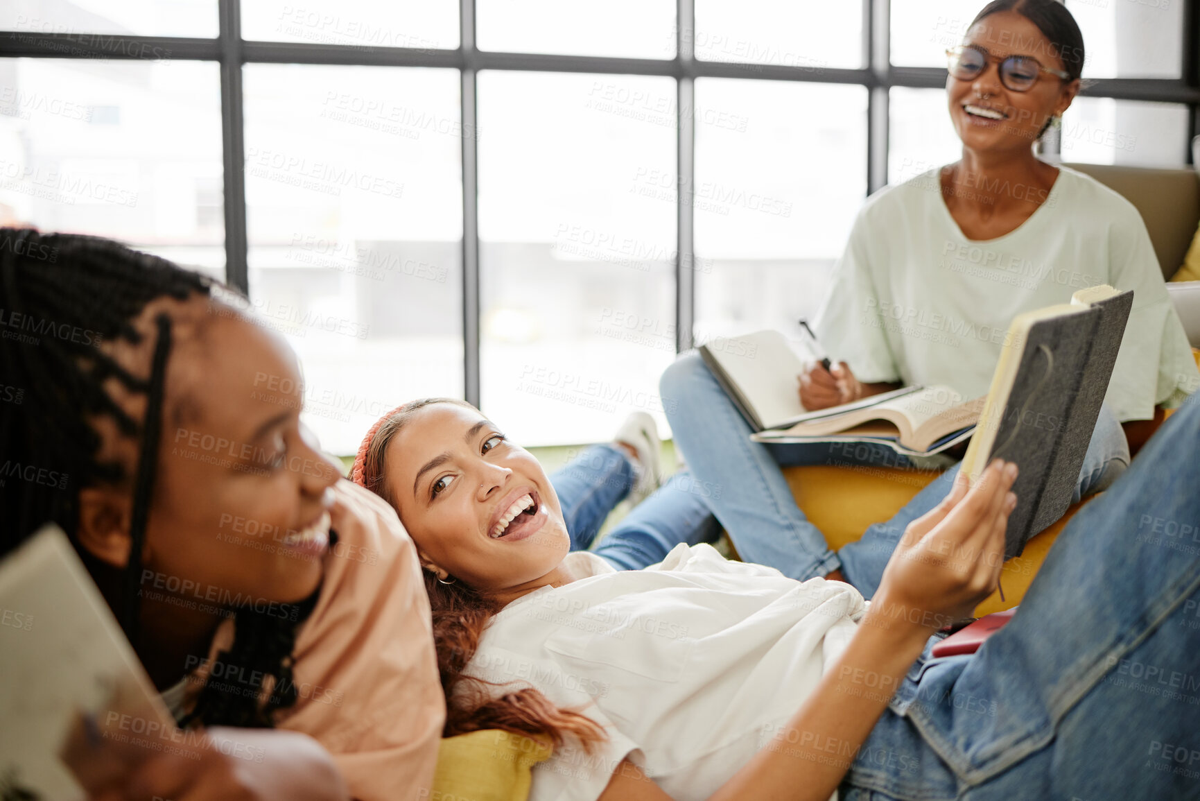 Buy stock photo Education, girl and friends in a group to study in preparation for learning university or college exams together. Smile, books and happy high school students studying for tests or project by teamwork