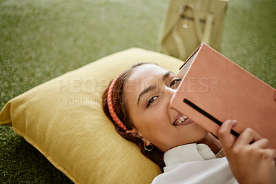 Buy stock photo §Study, education and relax student woman on pillow with book for planning, reading work and university course planner. Happy portrait of college girl with notes studying for exam or learning test