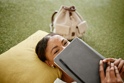 Buy stock photo Shy student, notebook and hiding face in study, learning and education break on turf grass in school, college or Brazilian university campus. Girl, relax or fun woman with library or classroom books 