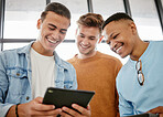 Business men, tablet or digital marketing collaboration for creative startup brand, social media website or target audience research. Smile, happy students and collaboration diversity with technology