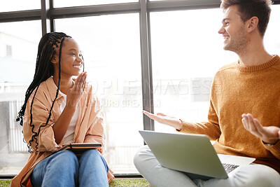 Buy stock photo Studying, laptop and students discussion of team project, online learning or course information at university campus window. Diversity, creative and digital college people or couple for scholarship