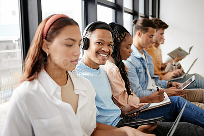 Buy stock photo University student, black man and phone with college friends, group and social media break together. Portrait gen z happy guy listening to mobile app music, internet and relax online at youth campus