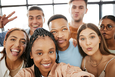 Buy stock photo Friends, selfie and collaboration with a business team taking a photograph in their office together. Teamwork, design and creative with a group posing for workplace diversity and success