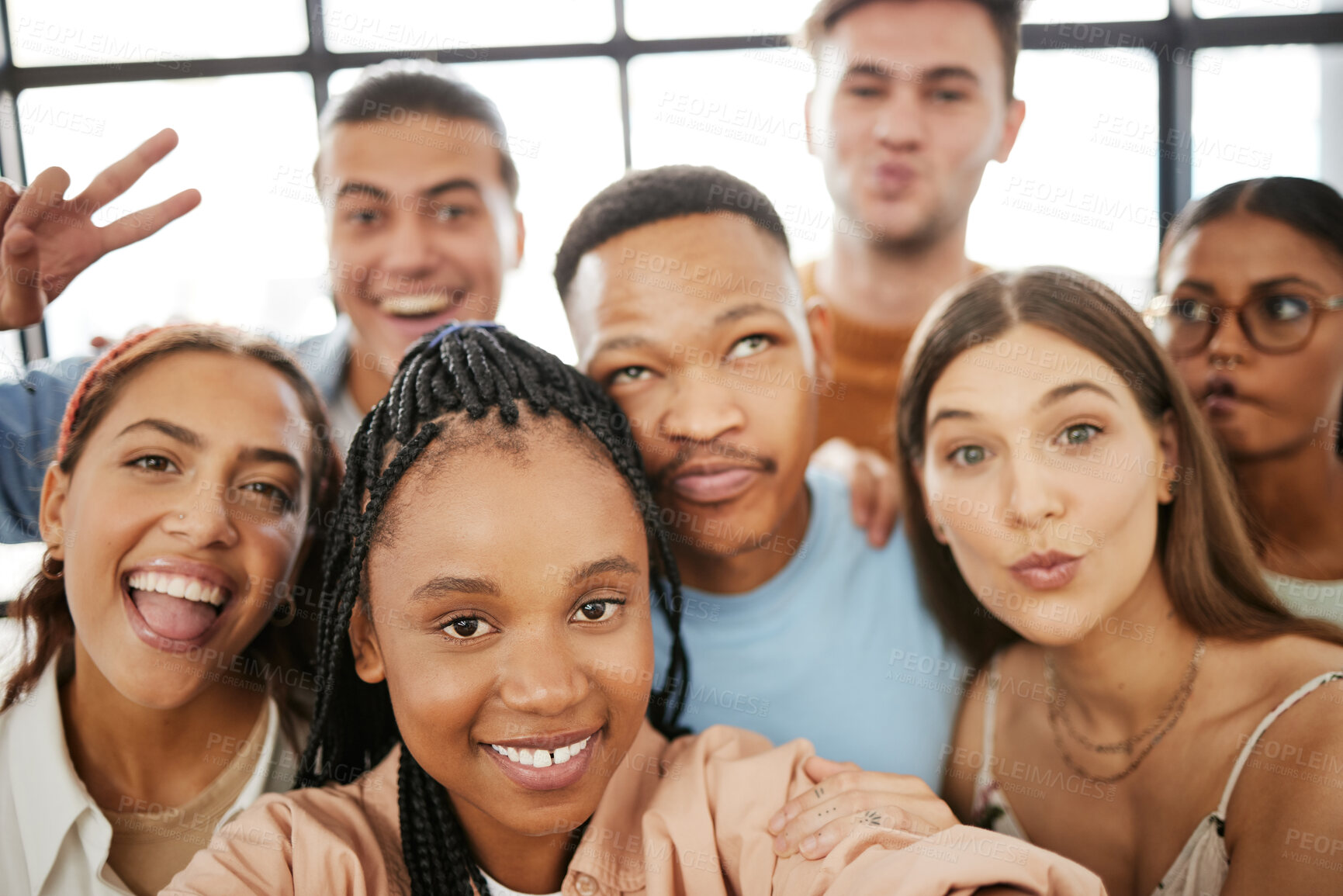Buy stock photo Friends, selfie and collaboration with a business team taking a photograph in their office together. Teamwork, design and creative with a group posing for workplace diversity and success