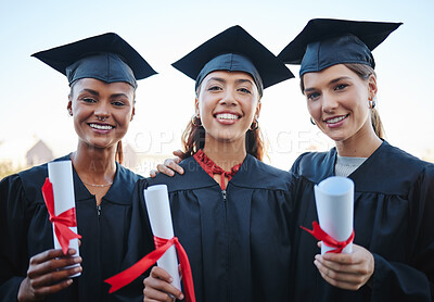 Buy stock photo Portrait university students, women friends and graduation celebration, certificate and event for achievement goals, education success and group motivation. Happy, young and excited college graduates