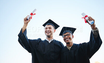 Buy stock photo Graduate, education and students after graduation success in celebration at university or college excited for the future. Smile, friends and happy men with scholarships celebrate school certificate