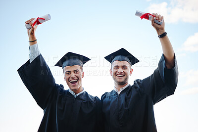Buy stock photo Graduate, success and students in graduation with future secured by education, knowledge and university certificate. Smile, portrait and happy men in celebration of college diploma at school academy