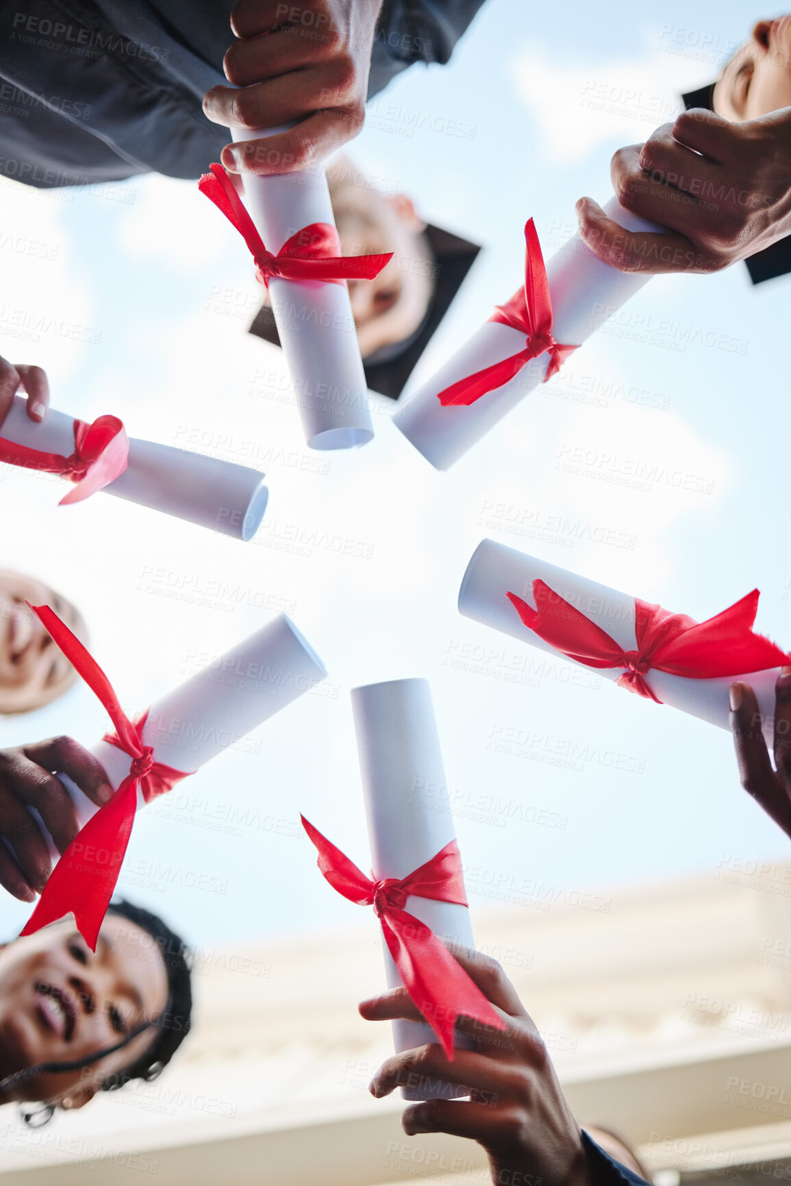 Buy stock photo Students circle, success and graduation certificate on school, university and Canada college campus. Low angle, friends hands or graduate diploma in education, learning scholarship or study community