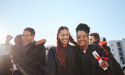Buy stock photo Graduation, diploma celebration and student graduate group and friends together with proud success. Students at a university certificate achievement, college and education scholarship event 