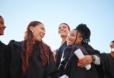 Buy stock photo College graduation, friends and student hug with happiness at graduate ceremony outdoor. Diversity of happy university group with education success smile about scholarship achievement and proud day