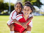 Friends, team and happy smile of sports athlete children together having fun. Teamwork, happiness and kid portrait of girls on a workout, youth fitness and exercise before a game on a outdoor field