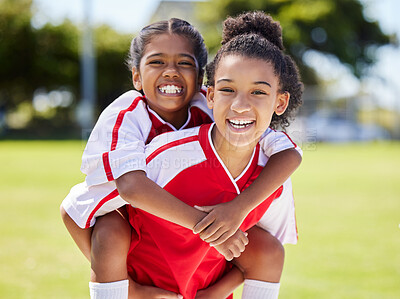 Buy stock photo Children friends, girl team and happy sports athlete kids together having fun. Teamwork, happiness and kid smile portrait on a workout, youth fitness and exercise before a game on a outdoor field