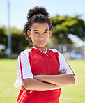 Black young girl, portrait on soccer field outdoor stadium and confident fitness in Brazil sports training game. Fitness motivation for female athlete, proud african child win and football uniform
