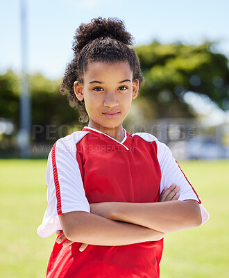 Buy stock photo Black young girl, portrait on soccer field outdoor stadium and confident fitness in Brazil sports training game. Fitness motivation for female athlete, proud african child win and football uniform