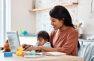 Buy stock photo Down syndrome, laptop and mother for child development, education and learning online in kitchen in house. Mom, baby and computer together in home with toys for play, teaching and cognitive games