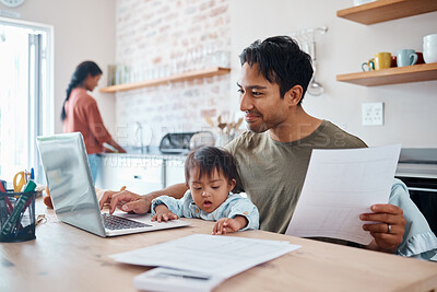 Buy stock photo Man, baby or laptop finance in house or home kitchen and insurance paper, investment documents or fintech accounting software. Happy smile, asian father and down syndrome boy, son and child with tech