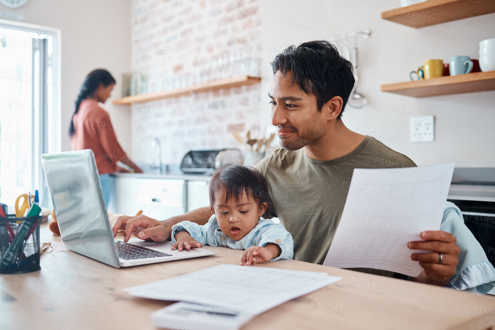 Buy stock photo Man, baby or laptop finance in house or home kitchen and insurance paper, investment documents or fintech accounting software. Happy smile, asian father and down syndrome boy, son and child with tech