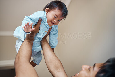 Buy stock photo Down syndrome, baby and father with love for child, smile for care and happiness in their house. Newborn kid with disorder or condition happy, playing and laughing with dad as family in their home