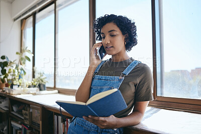 Buy stock photo Woman with notebook, artist talking on smartphone call and planning creative exhibition. Audio conversation on mobile, small business communication for Indian entrepreneur and reading in studio
