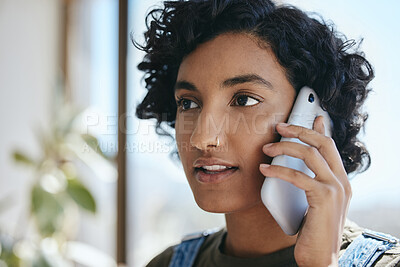 Buy stock photo Young woman, talking and with phone for call, connect and speaking on mobile smartphone. Girl from Brazil and cellphone for connection, conversation and listen to contact for communication.