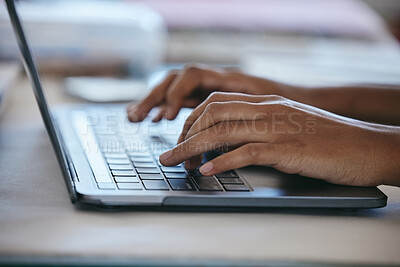 Buy stock photo Hands typing, laptop and working freelance woman busy writing email or social media content while sitting at a table. Closeup of online planning, web search and internet browsing female using website