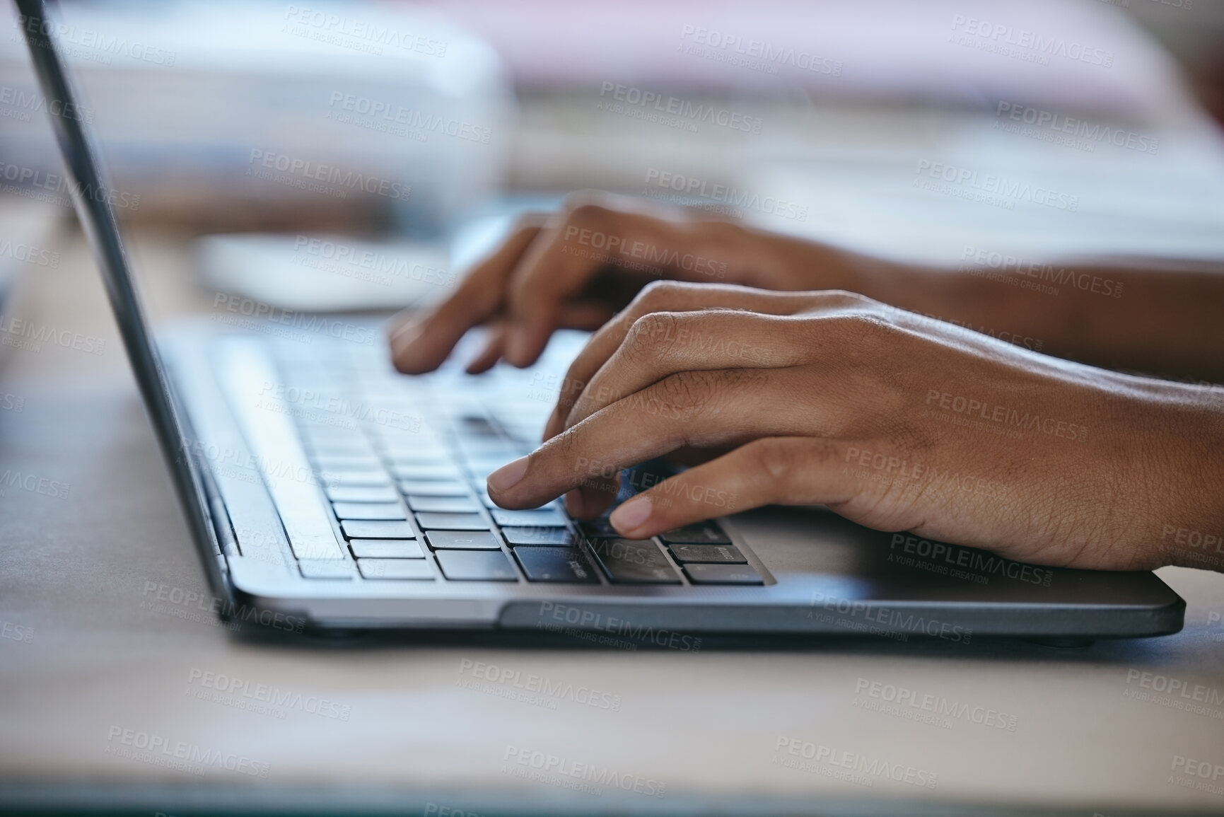 Buy stock photo Hands typing, laptop and working freelance woman busy writing email or social media content while sitting at a table. Closeup of online planning, web search and internet browsing female using website