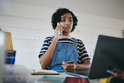 Buy stock photo Artist, phone and laptop in studio communication, call or conversation on art, gallery or exhibition. Woman, smartphone and phone call at desk working on computer with manager, agent or client on web