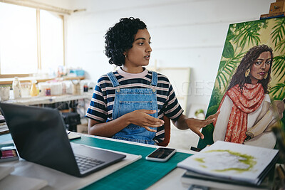 Buy stock photo Art girl and laptop video call in studio for professional remote sale of painting on canvas online. Creative indian woman with focus and concentration selling artwork on the internet in workshop.
