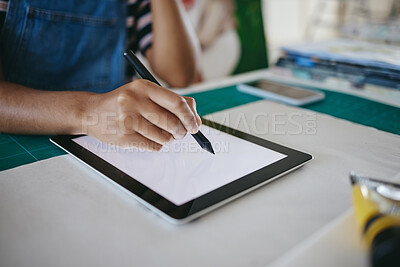 Buy stock photo Mockup, screen and tablet of designer drawing for creativity while working in art workshop. Hands of artist, painter or animation worker with creative idea for advertising project at table in office