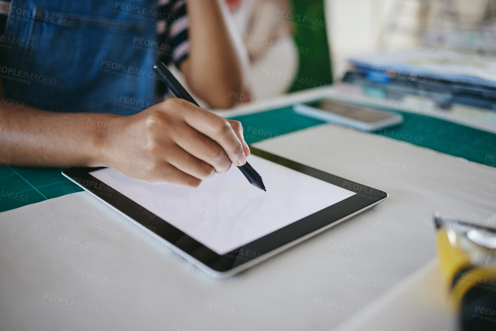 Buy stock photo Mockup, screen and tablet of designer drawing for creativity while working in art workshop. Hands of artist, painter or animation worker with creative idea for advertising project at table in office