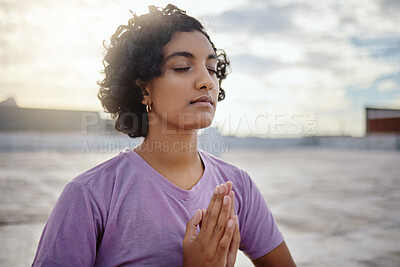 Buy stock photo Indian yoga, zen wellness meditation and namaste pose relax to balance spiritual energy chakras. Peace gratitude, girl greeting sunrise in religion and hands pray mindfulness in outdoor Bali morning