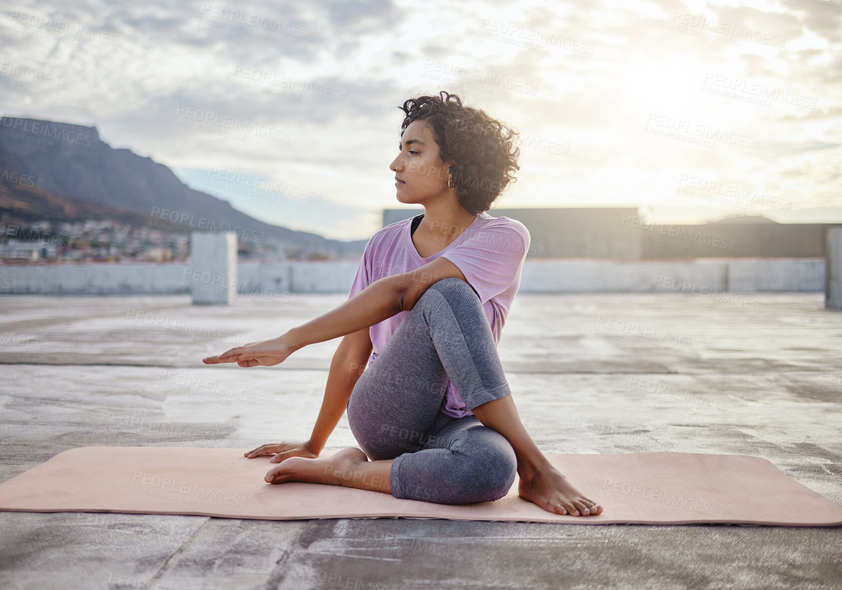 Buy stock photo Stretching, yoga and wellness woman exercise outdoor town and city. Exercise, fitness and calm person meditation on ground for workout, pilates or training for healthy body, spiritual and awareness