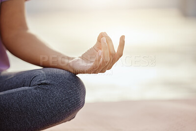 Buy stock photo Woman, hands and meditation mudra for mental health wellness, chakra energy and mindset training on mockup space. Zoom, relax yoga and pilates person in zen, peace or calm holistic exercise in studio