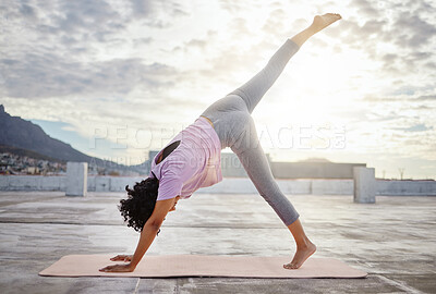 Buy stock photo Stretching, balance and woman yoga in the city and exercise for wellness, body health and fitness lifestyle. Meditation, workout and commitment with healthy pilates training outdoor in urban town