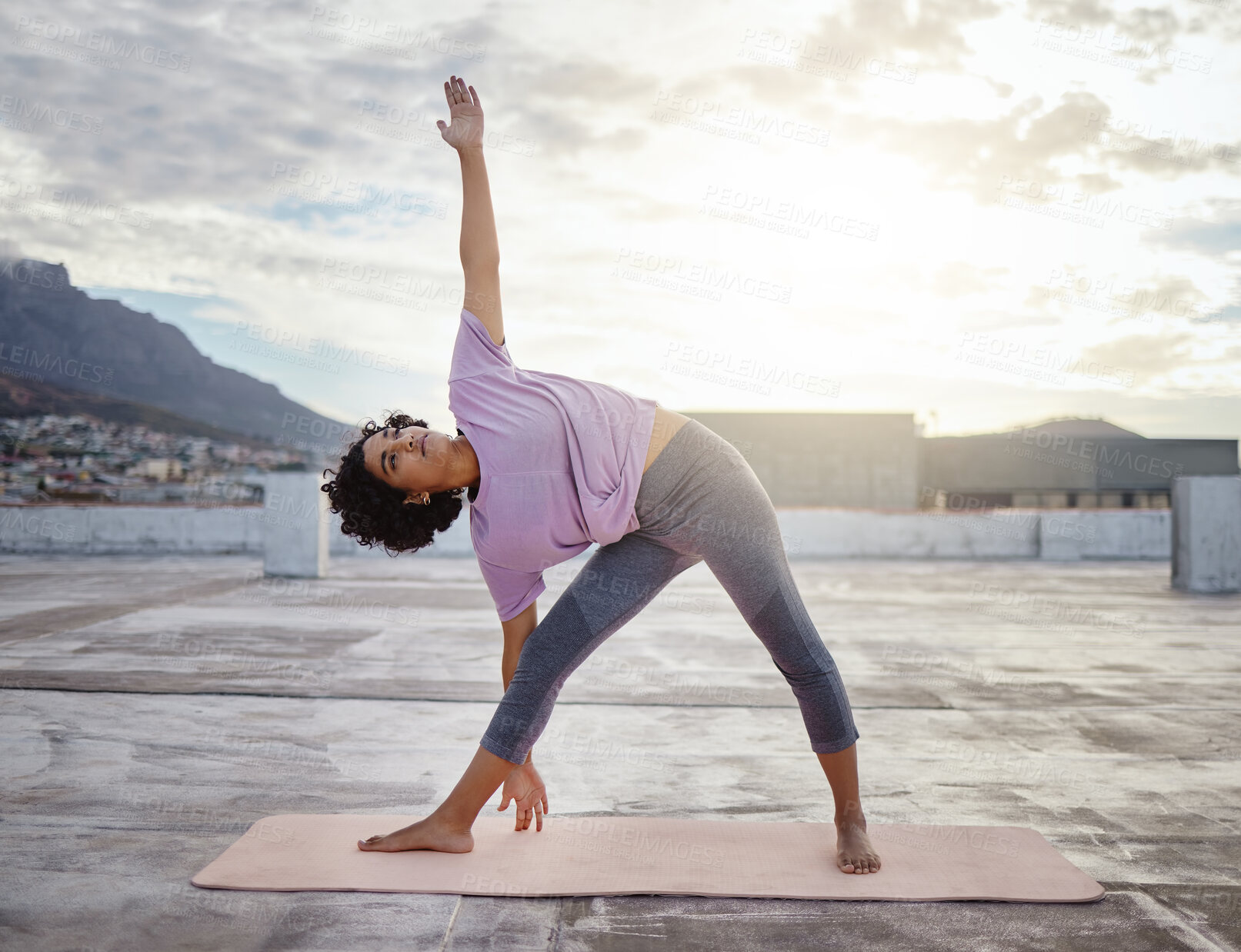 Buy stock photo Woman in city doing yoga, exercise and workout in the morning. Young Indian woman doing fitness, stretching and training in outdoor urban area or town. Wellness, zen and motivation for a healthy mind