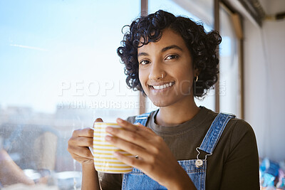 Buy stock photo Coffee, relax and creative designer happy at window of startup advertising company. Face portrait of an Indian artist, worker or employee with drink of tea at marketing business in an office