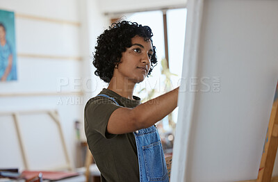 Buy stock photo Creative, artist woman and painter use canvas being focus relax or calm in studio or workspace. Art, creativity and Indian girl or female painting sketch, doing hobby in gallery or workplace