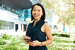 Business woman and asian portrait with smartphone for outdoor break at office building in Japan. Corporate Japanese girl with smile enjoying mobile social media leisure with 5g connection.

