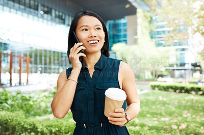 Buy stock photo Phone call, coffee and business woman in the city of Amsterdam while networking on a smartphone. Thinking Asian corporate employee talking on a mobile with drink of tea and idea in the morning 